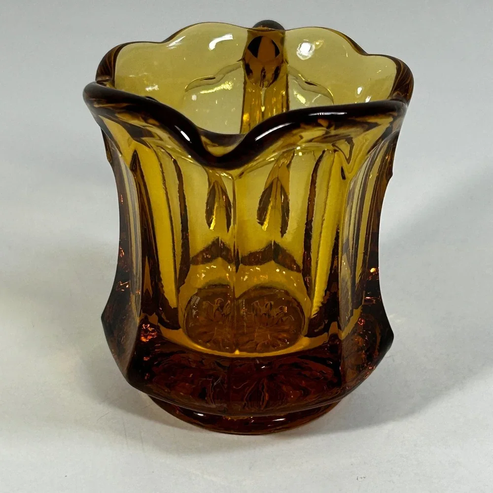 Vintage Amber Glass Creamer Paneled Scalloped Rim Small Pitcher Honey Gold‎